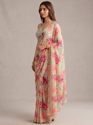 Peachmode Pista Green Multicolor Floral Printed Georgette Saree - Image 2