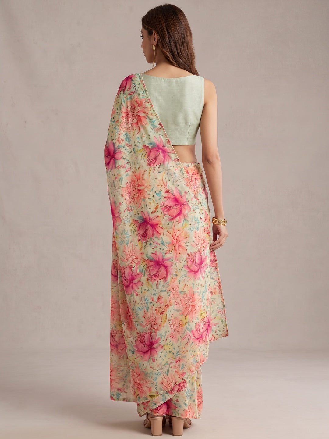 Peachmode Pista Green Multicolor Floral Printed Georgette Saree - Image 4