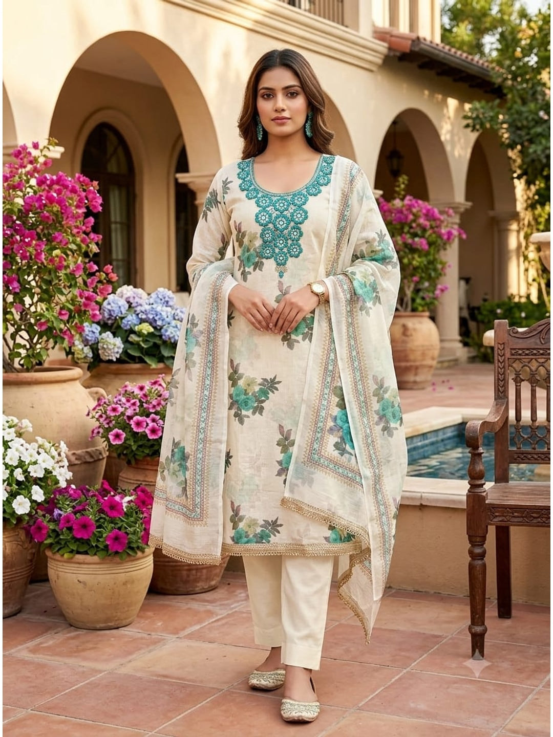 Peachmode Cream Turquoise Floral Sequins Silk Dress Material - Image 3