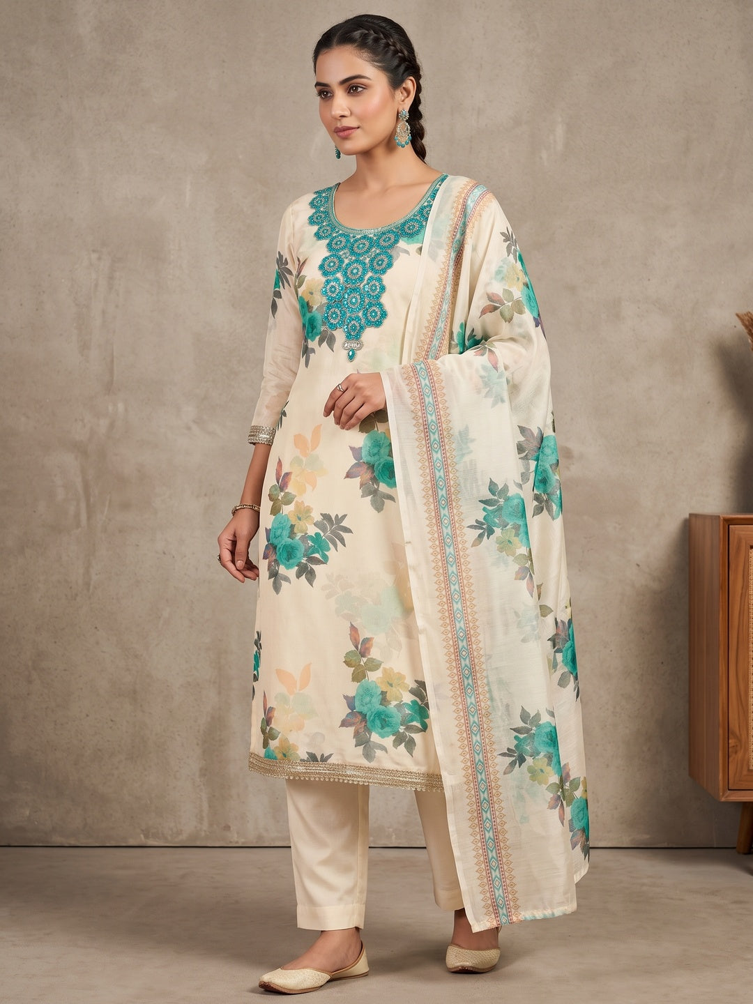 Peachmode Cream Turquoise Floral Sequins Silk Dress Material - Image 2