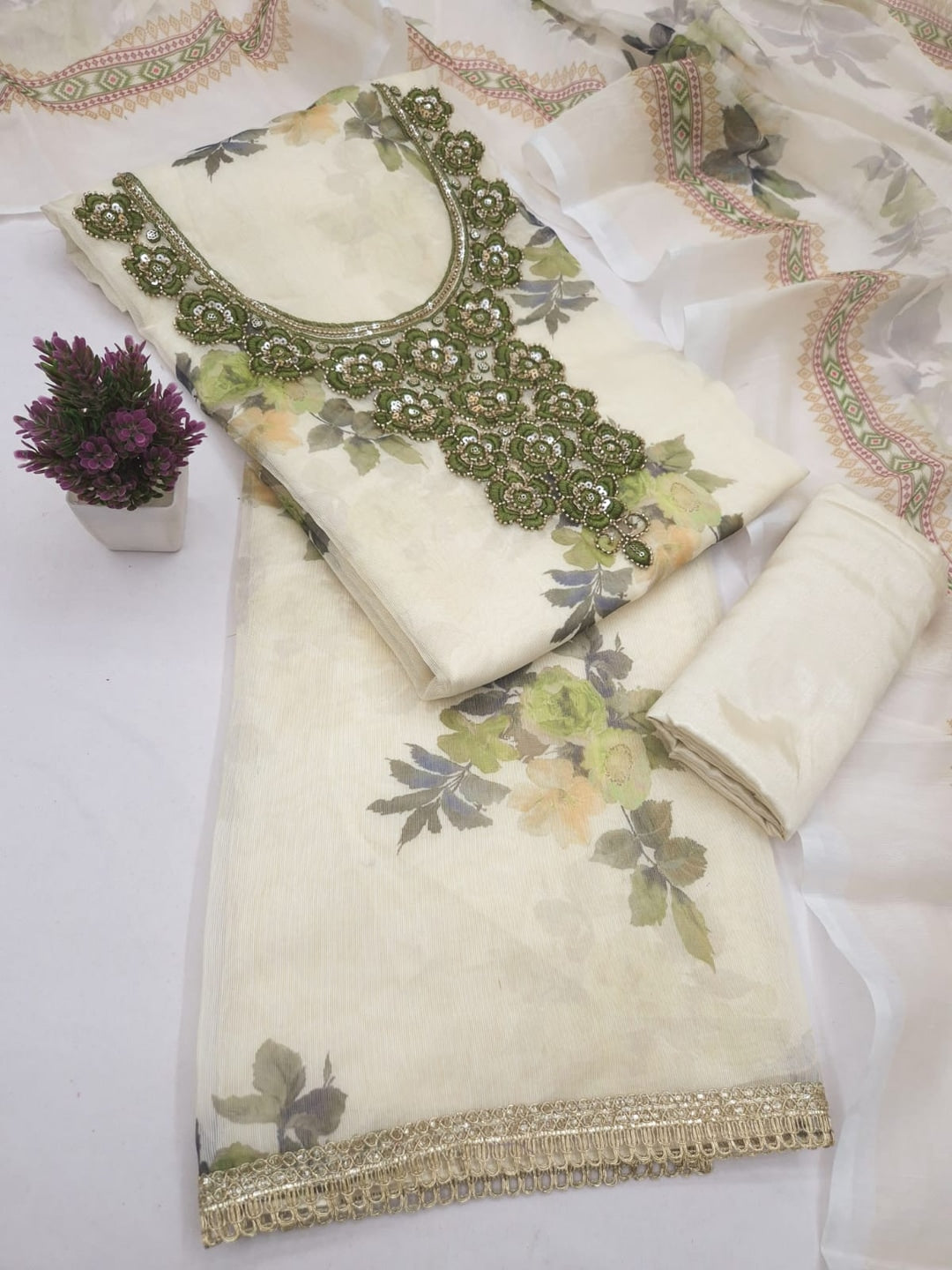 Peachmode Cream Olive Floral Sequins Silk Dress Material - Image 1