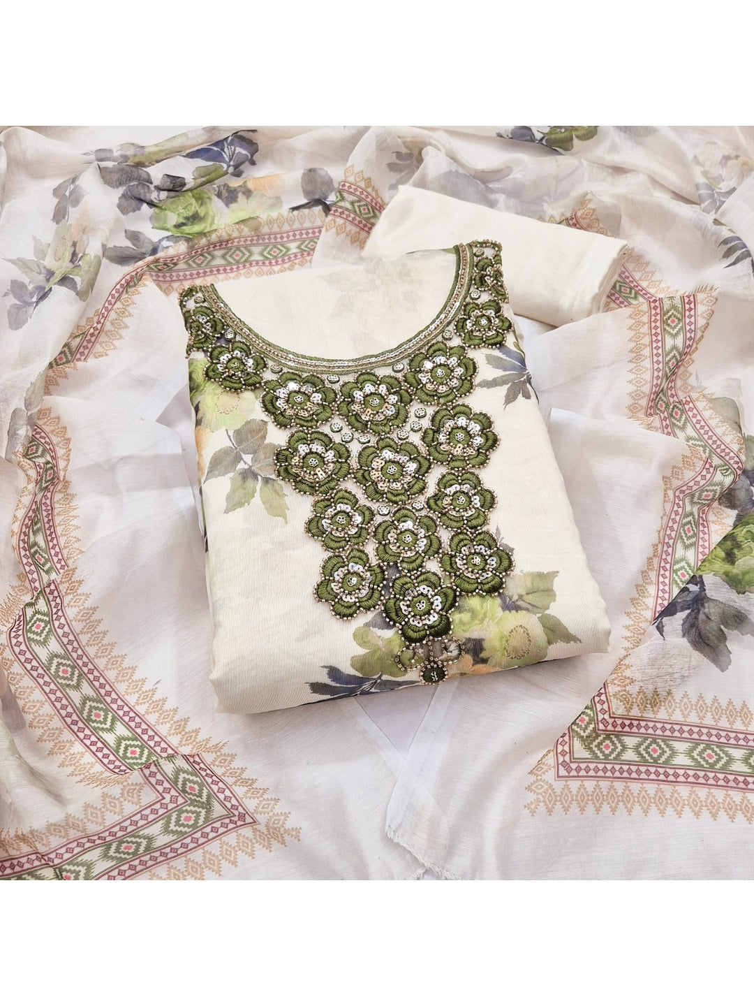 Peachmode Cream Olive Floral Sequins Silk Dress Material - Image 4