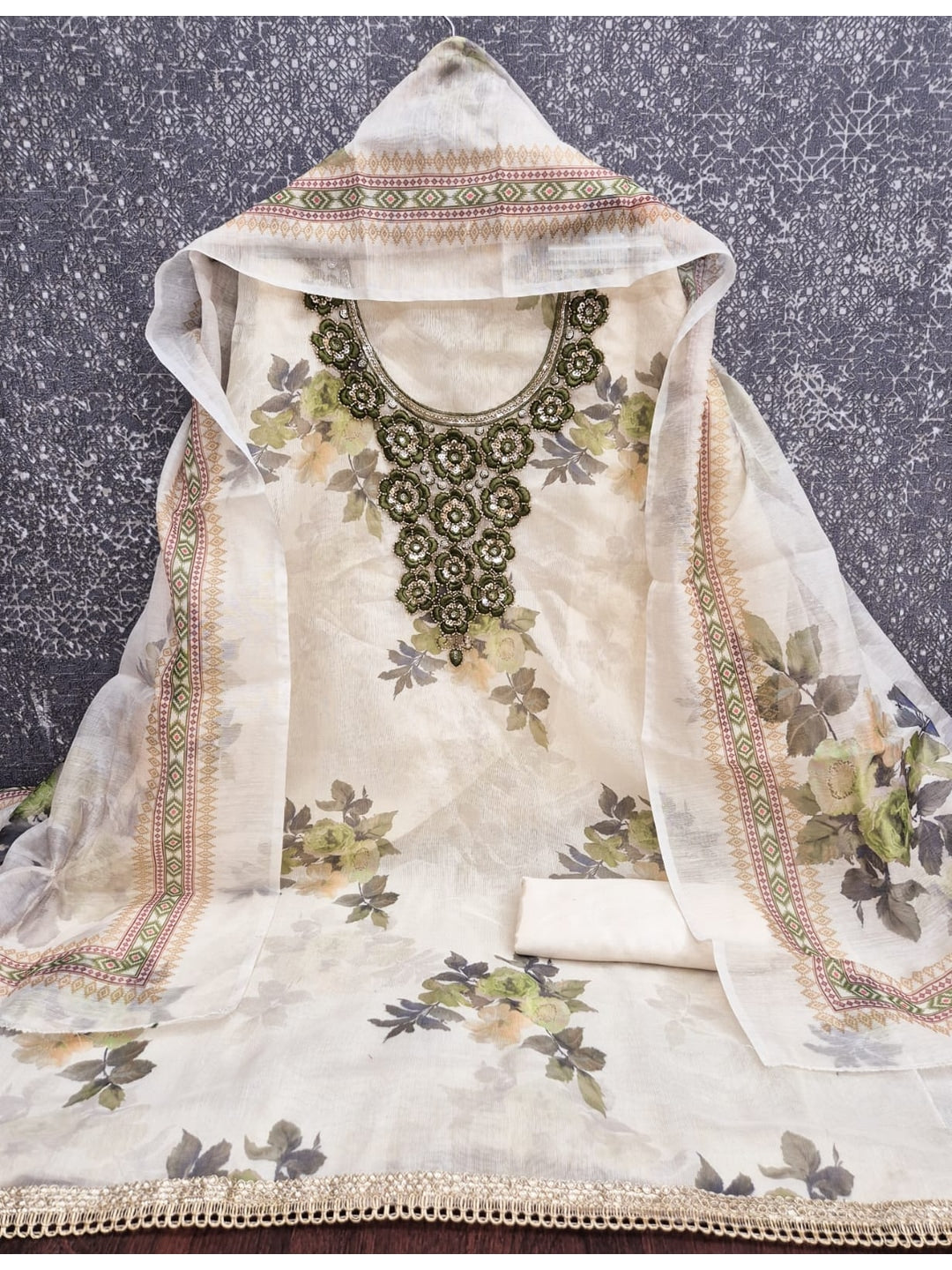 Peachmode Cream Olive Floral Sequins Silk Dress Material - Image 5