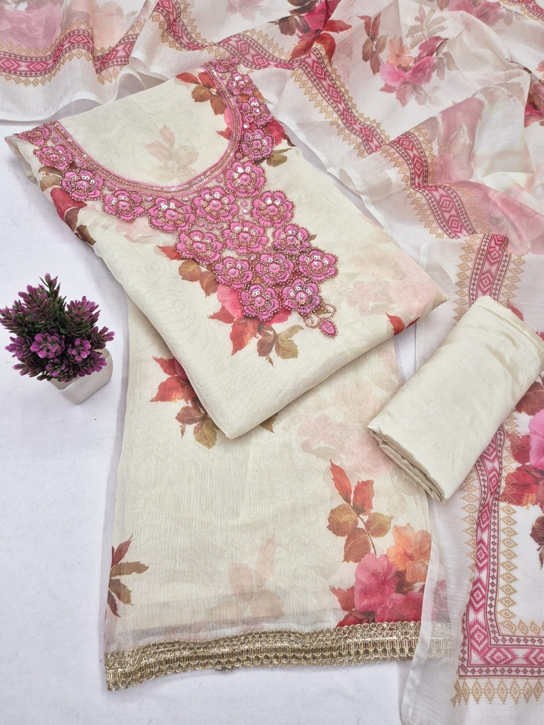 Peachmode Cream Pink Floral Sequins Silk Dress Material - Image 1