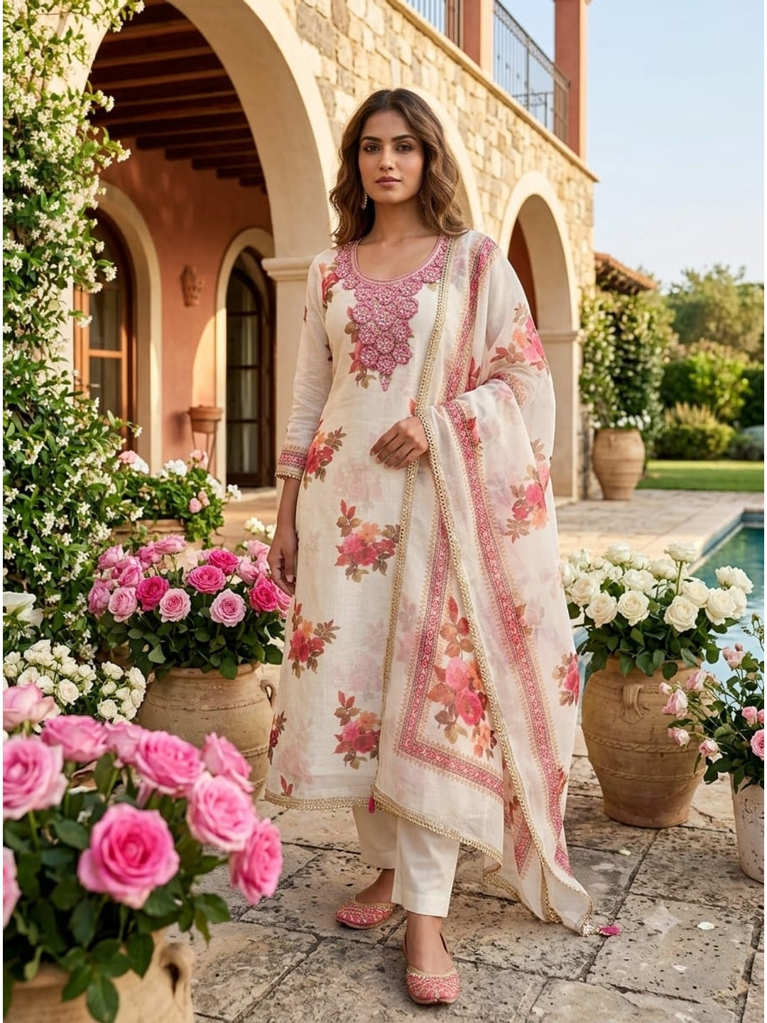 Peachmode Cream Pink Floral Sequins Silk Dress Material - Image 3