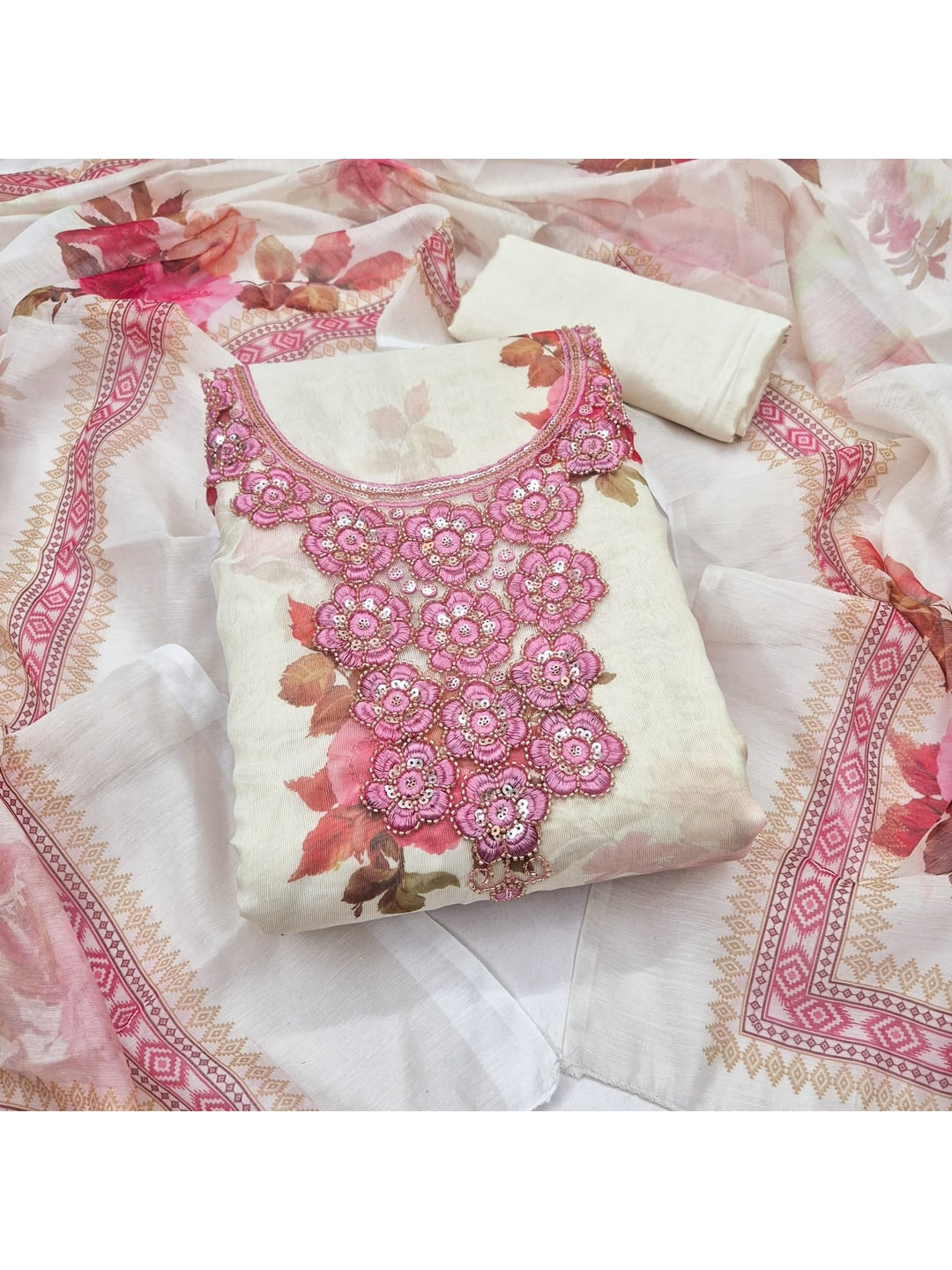 Peachmode Cream Pink Floral Sequins Silk Dress Material - Image 4