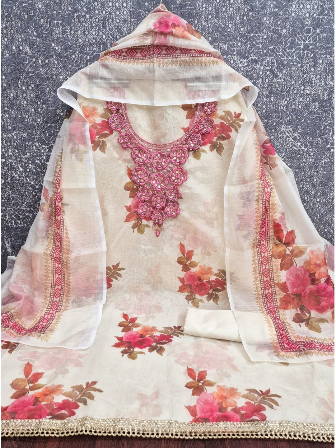Peachmode Cream Pink Floral Sequins Silk Dress Material - Image 5