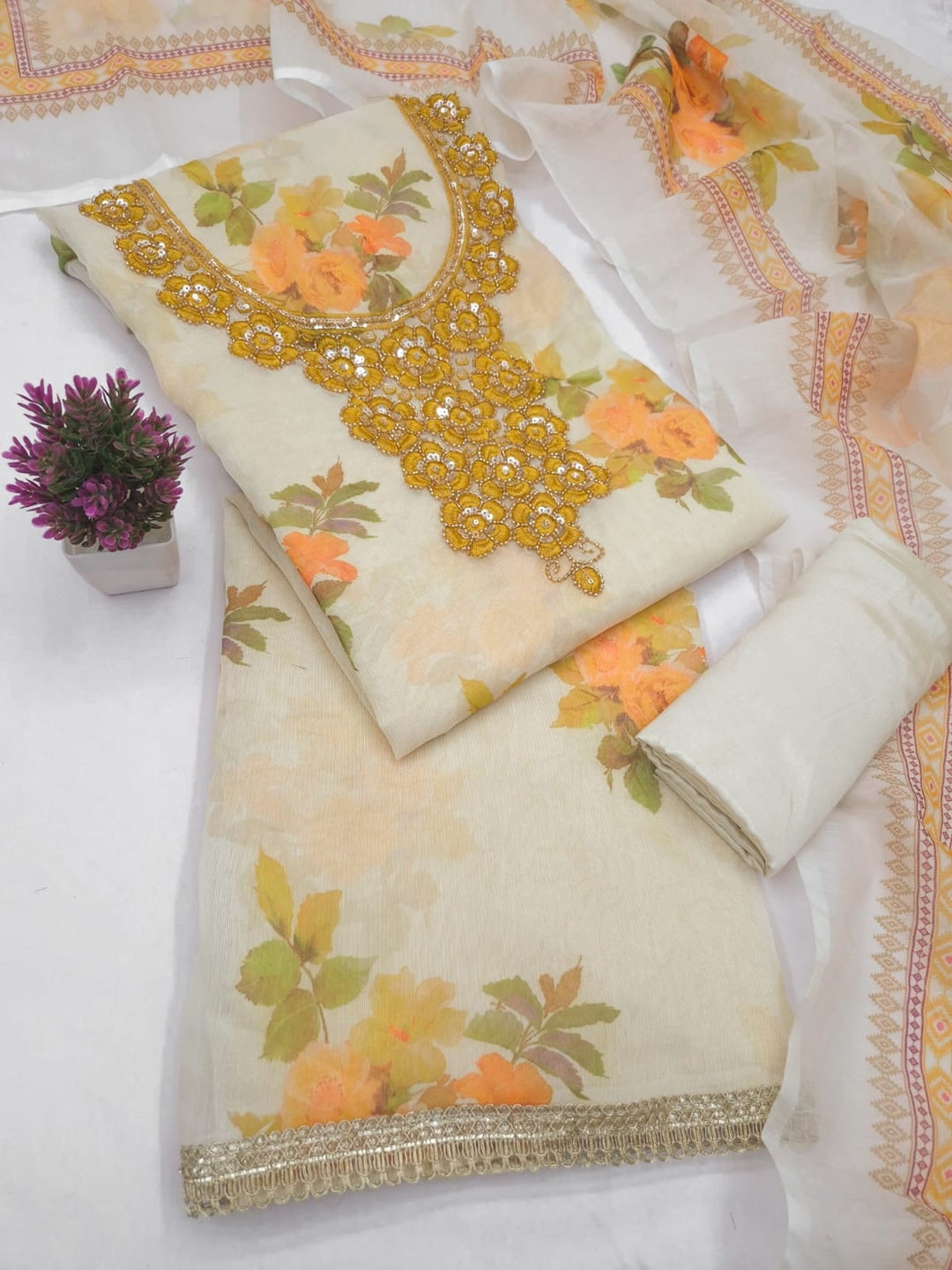 Peachmode Cream Yellow Floral Sequins Silk Dress Material - Image 1
