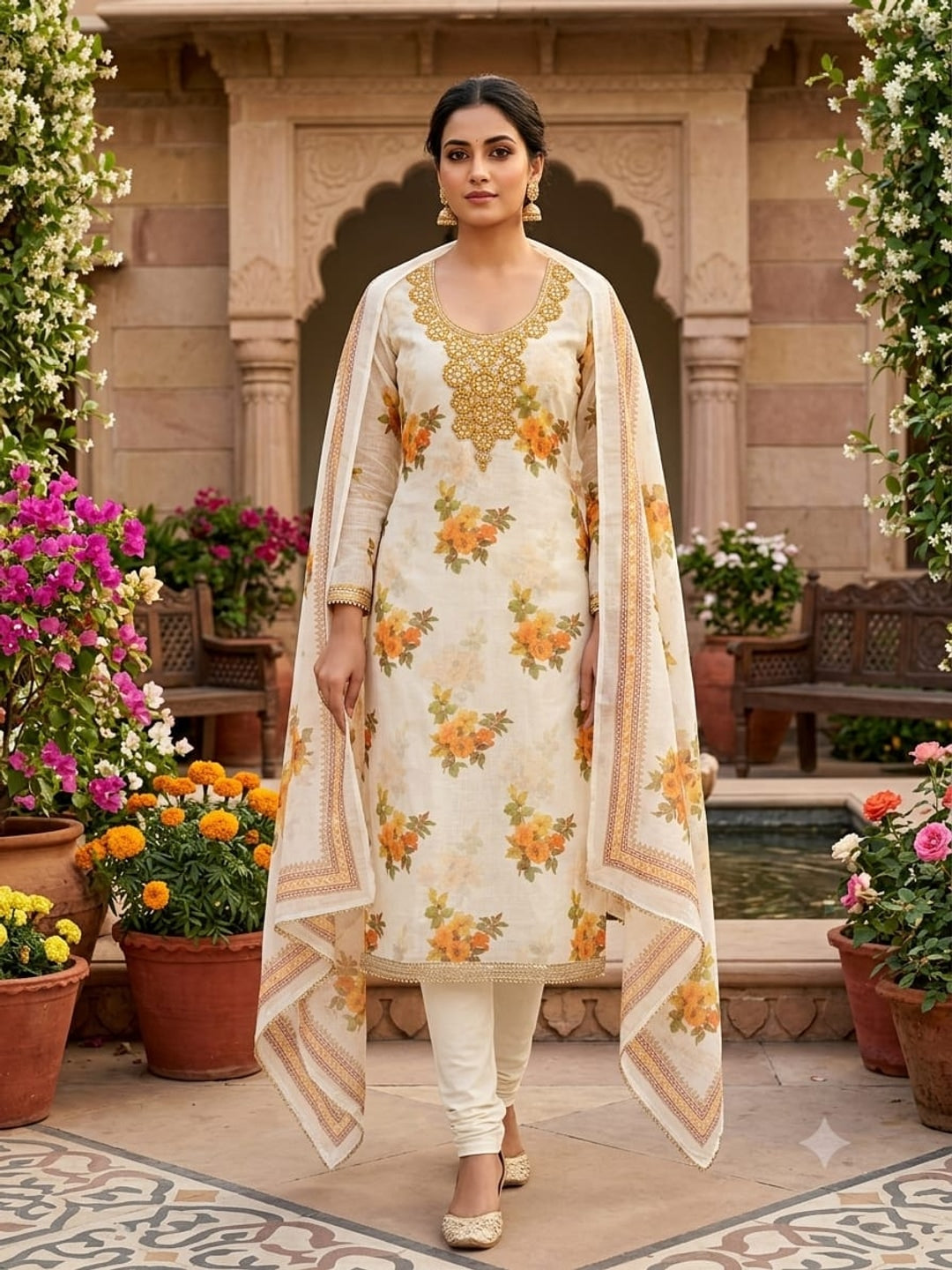 Peachmode Cream Yellow Floral Sequins Silk Dress Material - Image 3
