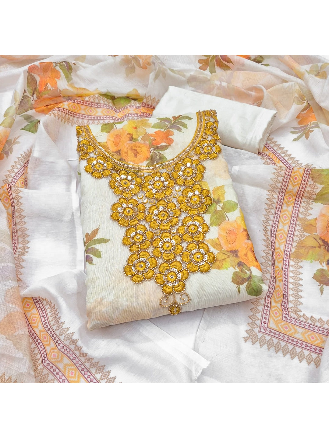 Peachmode Cream Yellow Floral Sequins Silk Dress Material - Image 4