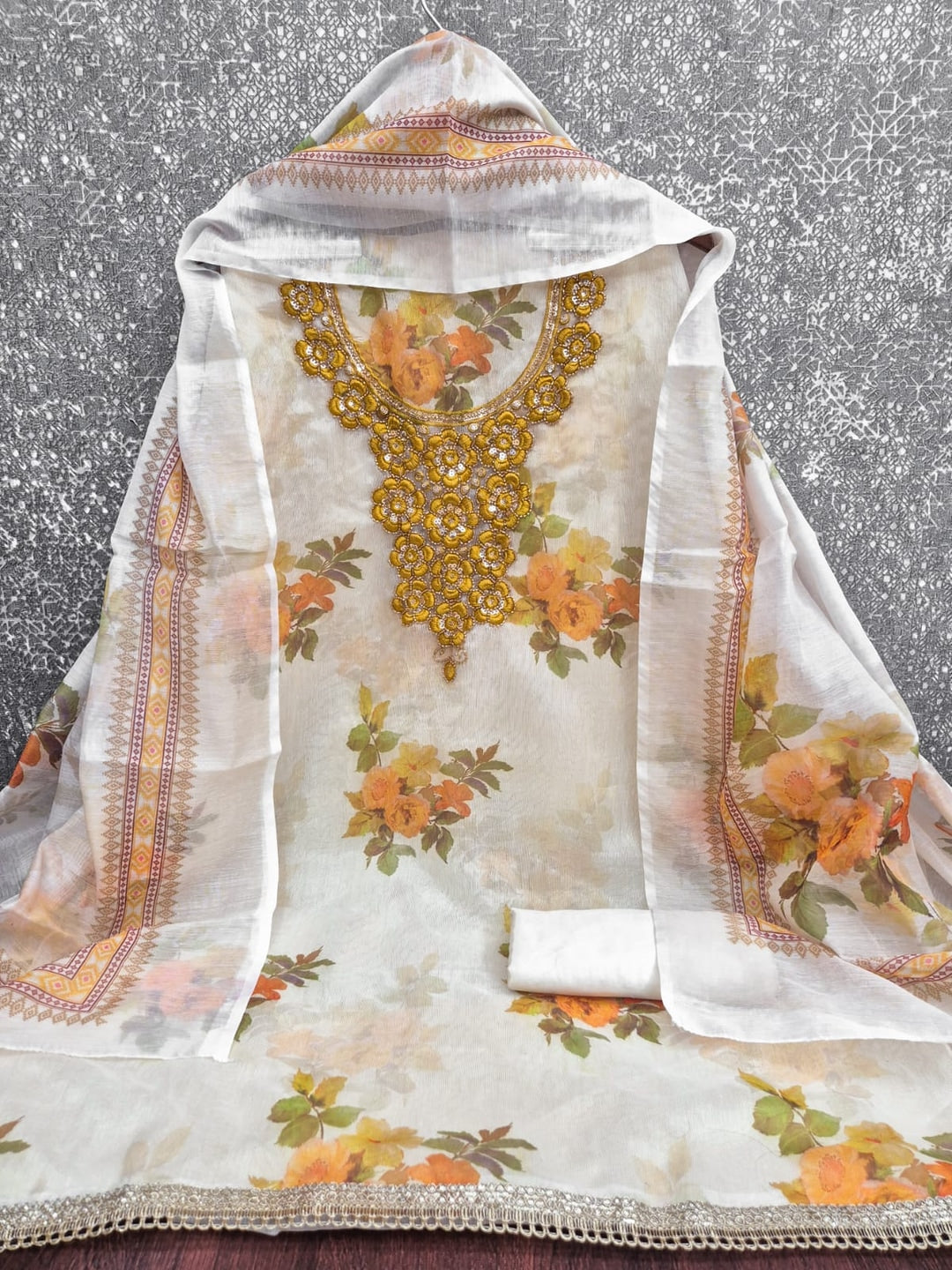 Peachmode Cream Yellow Floral Sequins Silk Dress Material - Image 5