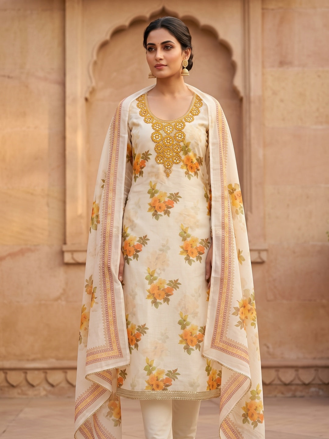 Peachmode Cream Yellow Floral Sequins Silk Dress Material - Image 2