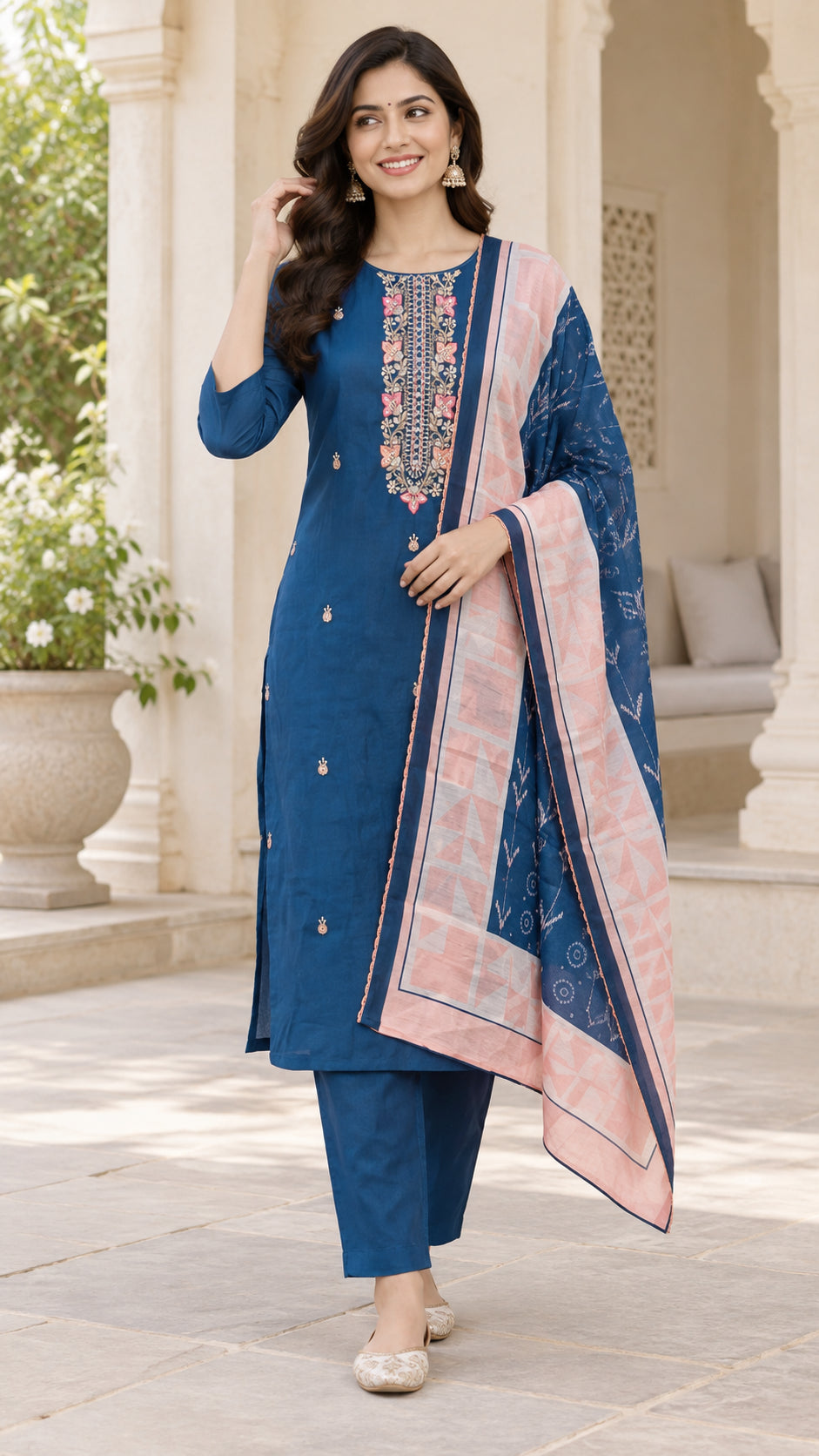 Peachmode Blue Chanderi Silk Floral Embroidered Salwar Suit Set - Image 1