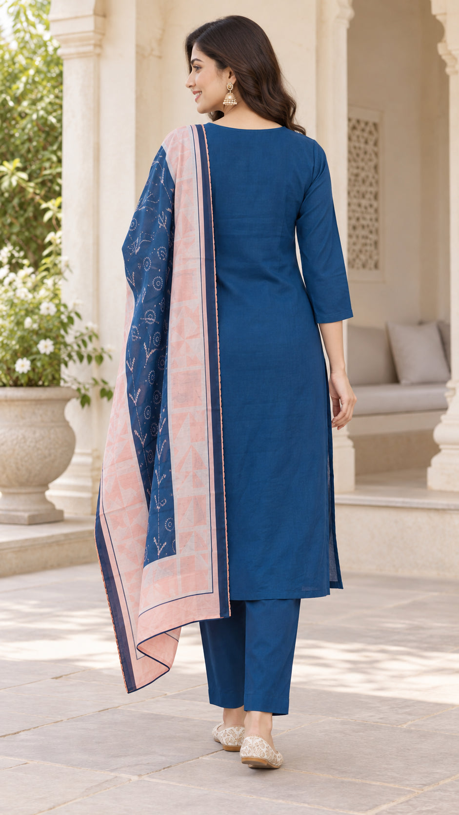 Peachmode Blue Chanderi Silk Floral Embroidered Salwar Suit Set - Image 4