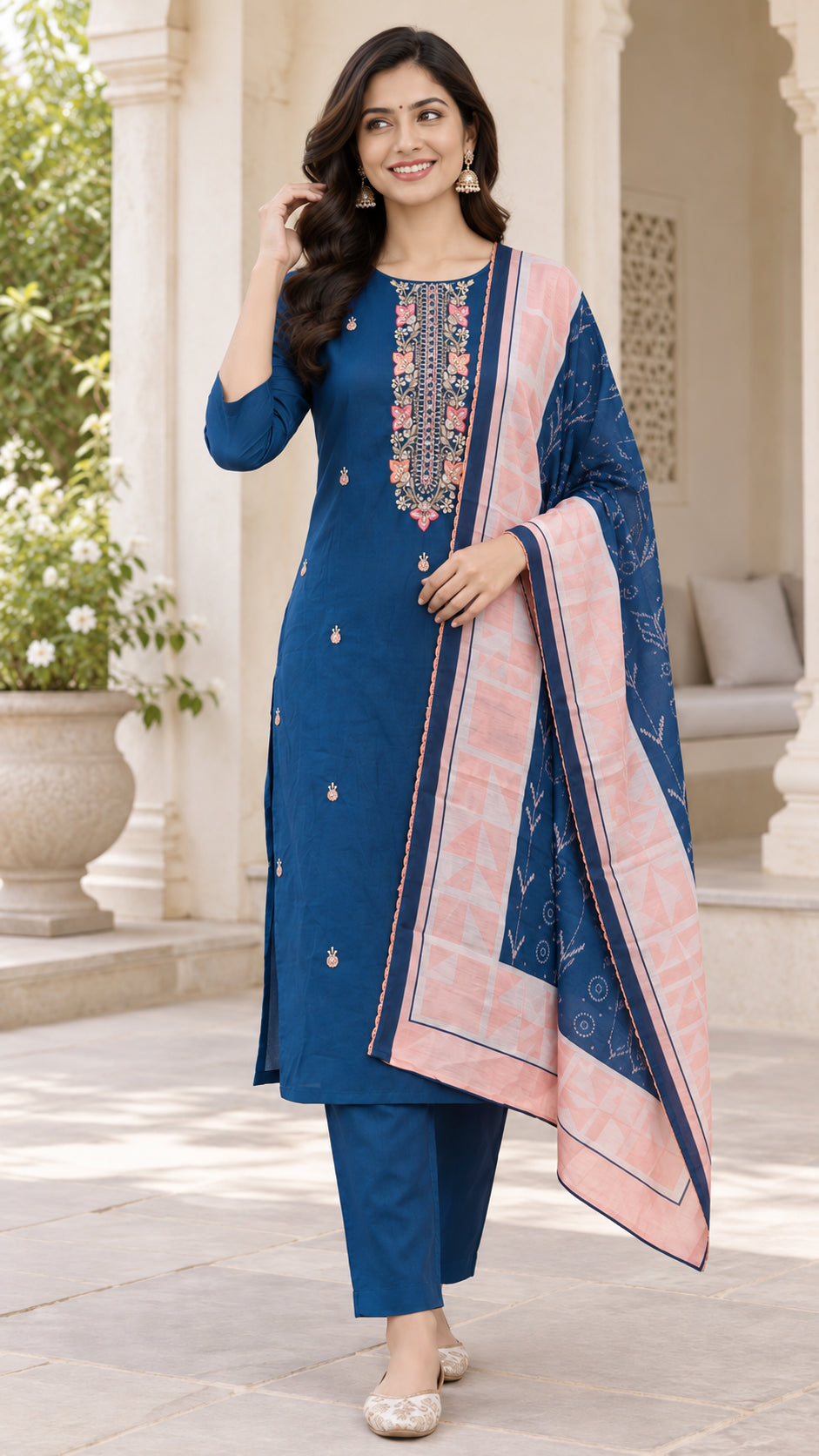 Peachmode Blue Chanderi Silk Floral Embroidered Salwar Suit Set - Image 5