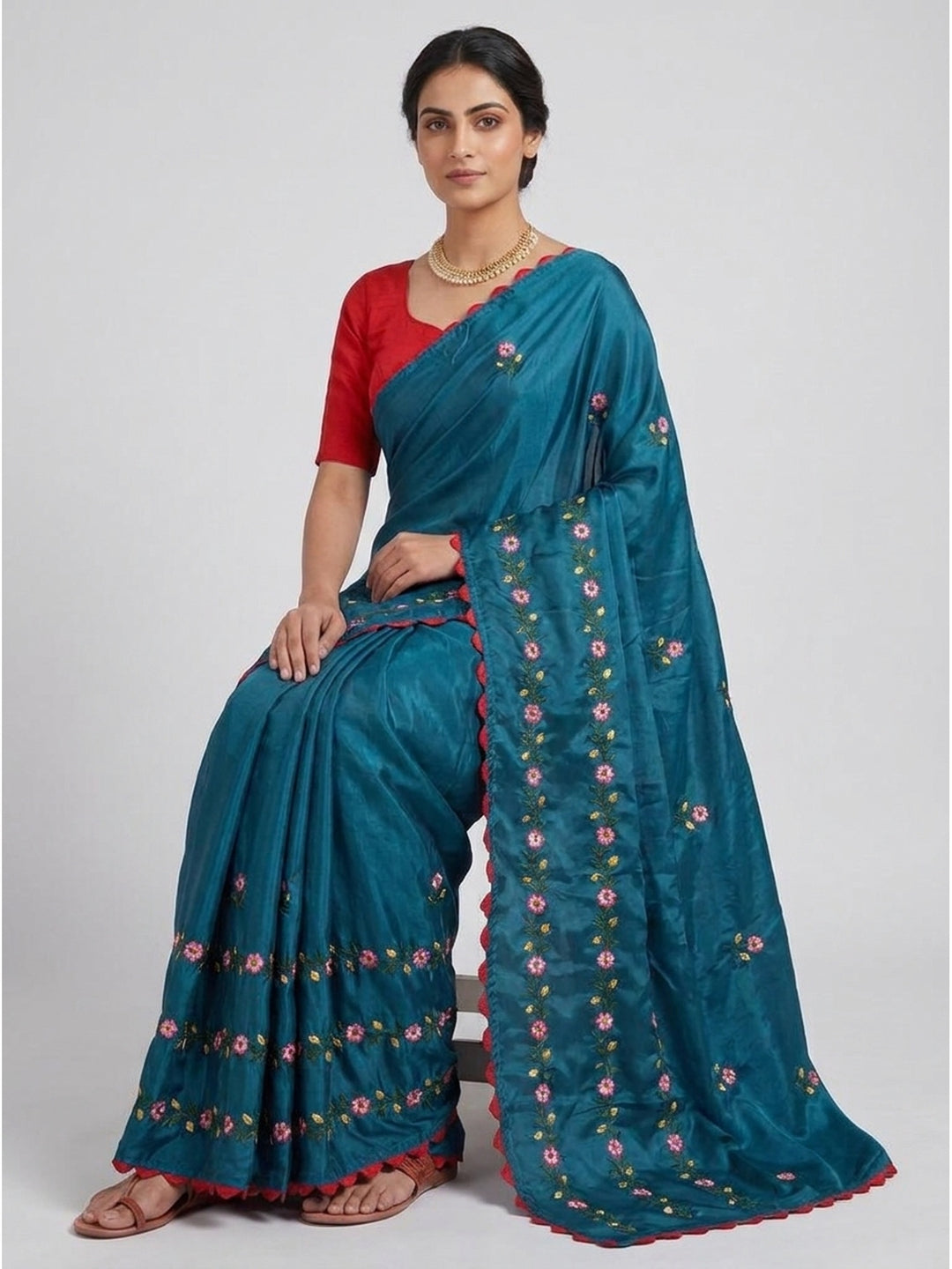 Rama Blue Casual Wear Floral Embroidered Dola Silk Saree