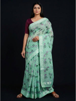 Adorning Sea Green Coloured Floral Print Casual Wear Striped Pattern Cotton Saree