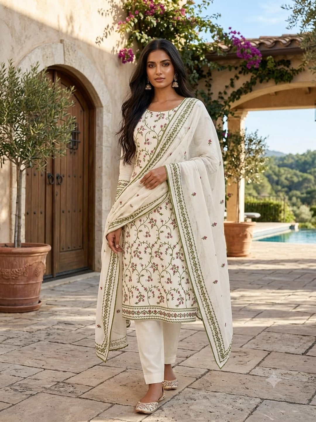Peachmode Cream Floral Embroidered Cotton Dress Material - Image 3