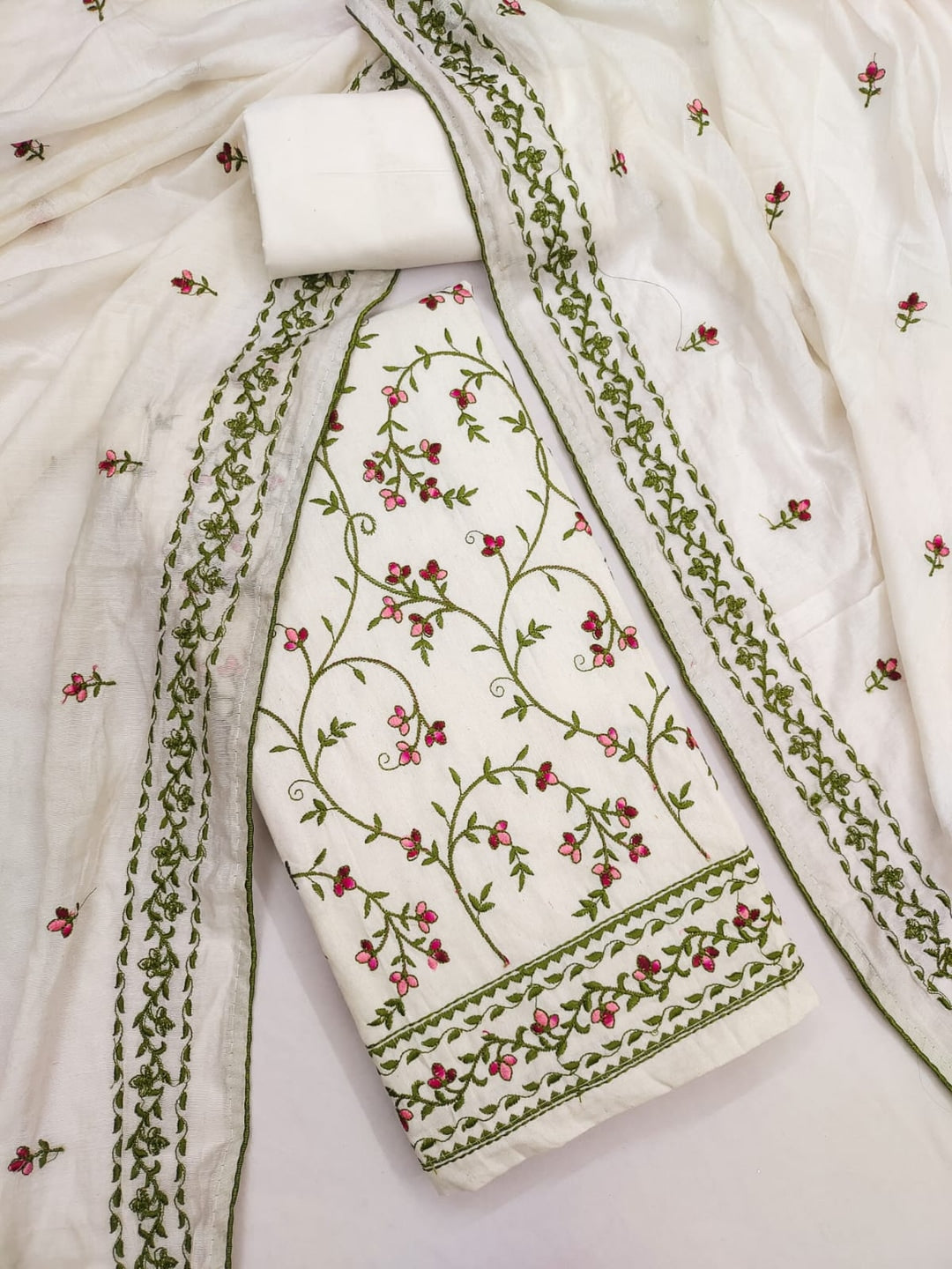 Peachmode Cream Floral Embroidered Cotton Dress Material - Image 4