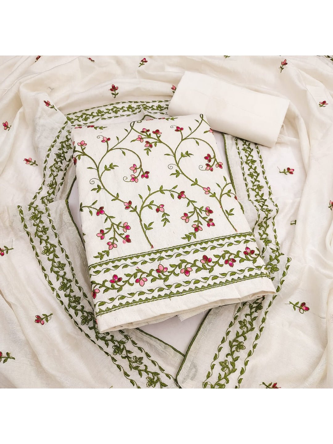 Peachmode Cream Floral Embroidered Cotton Dress Material - Image 5