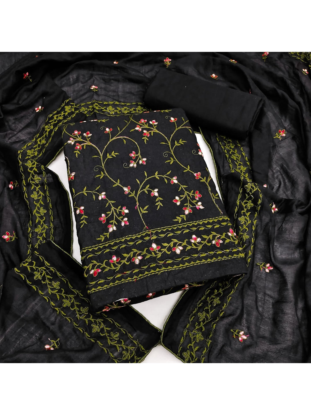 Peachmode Black Floral Embroidered Cotton Dress Material - Image 5