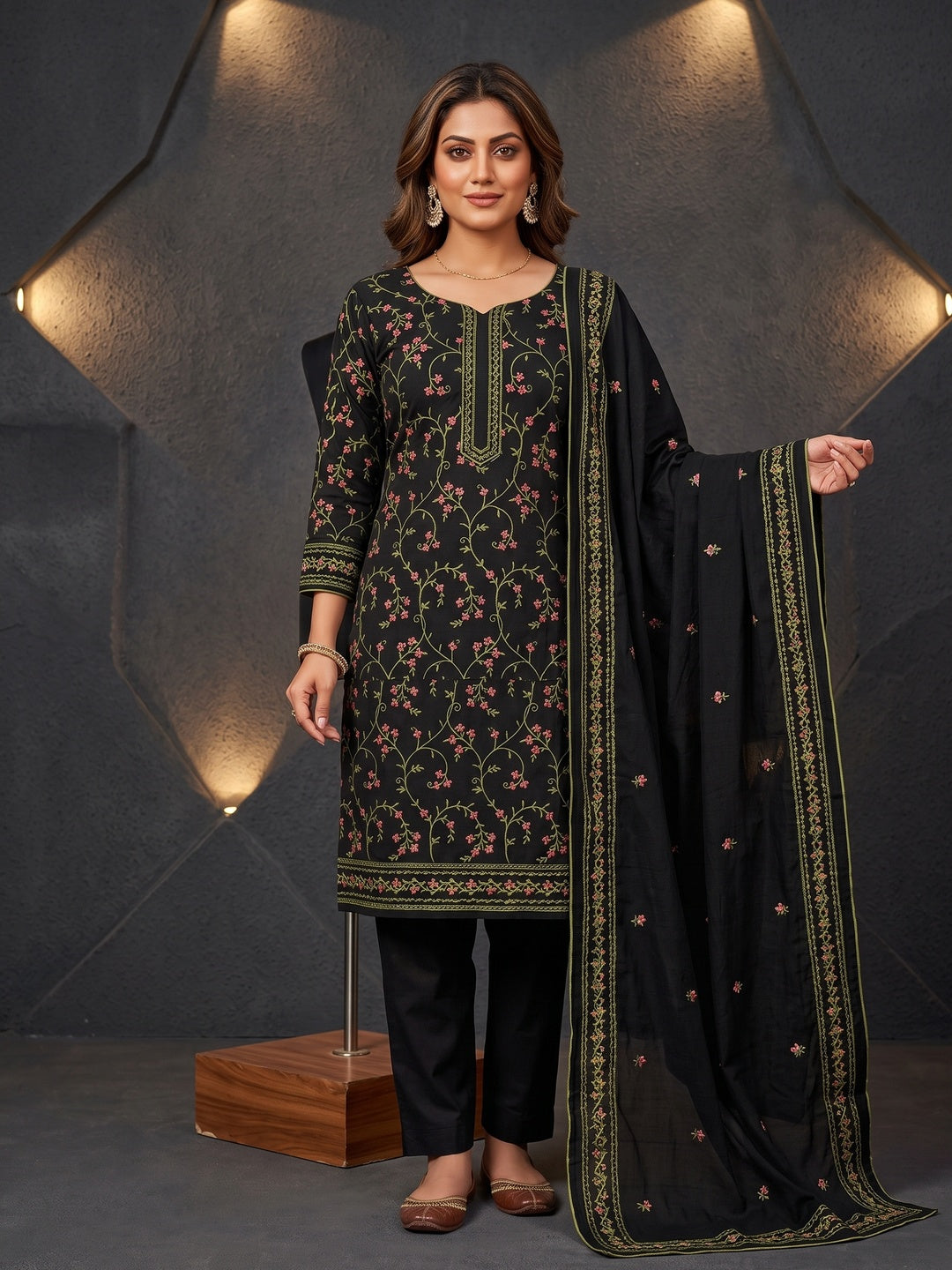 Peachmode Black Floral Embroidered Cotton Dress Material - Image 2