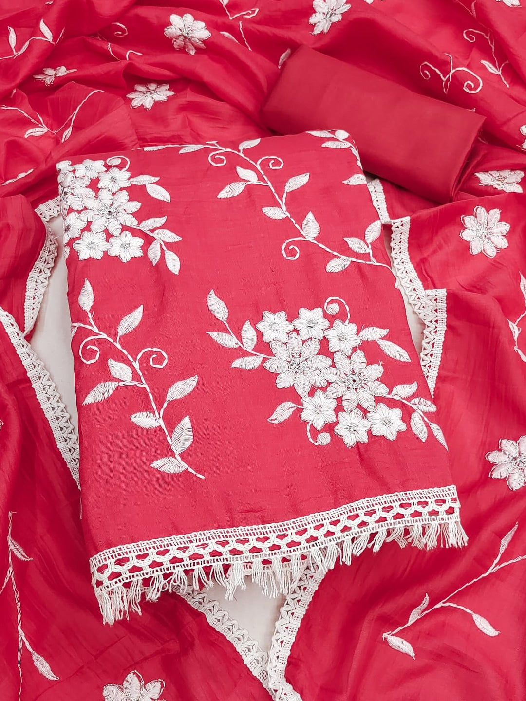 Peachmode Pink Floral Embroidered Silk Blend Dress Material - Image 1