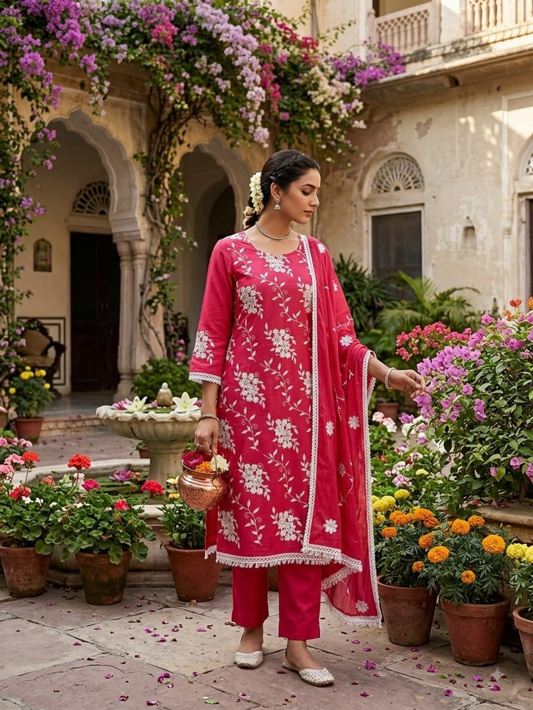 Peachmode Pink Floral Embroidered Silk Blend Dress Material - Image 3