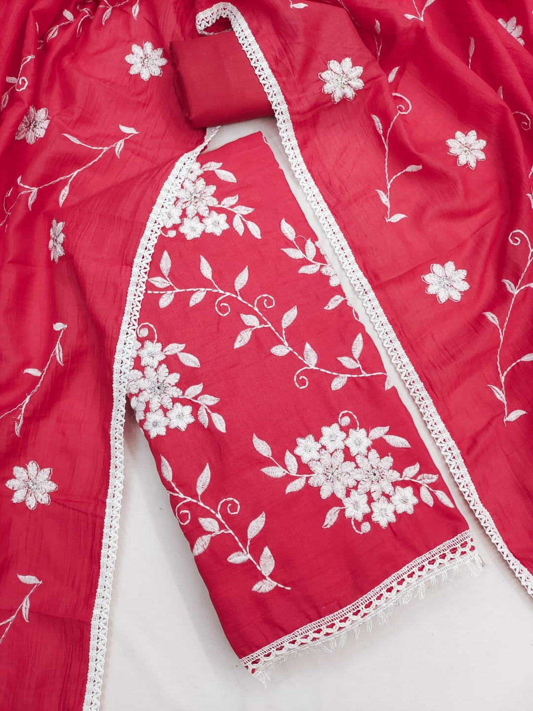 Peachmode Pink Floral Embroidered Silk Blend Dress Material - Image 5