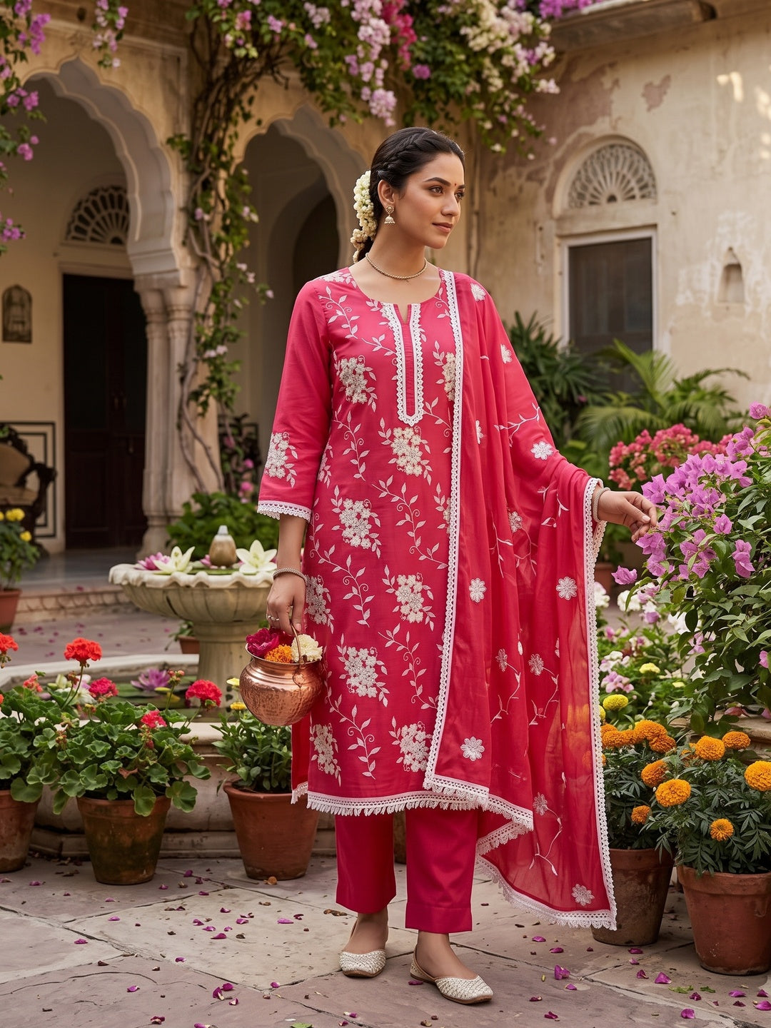 Peachmode Pink Floral Embroidered Silk Blend Dress Material - Image 2