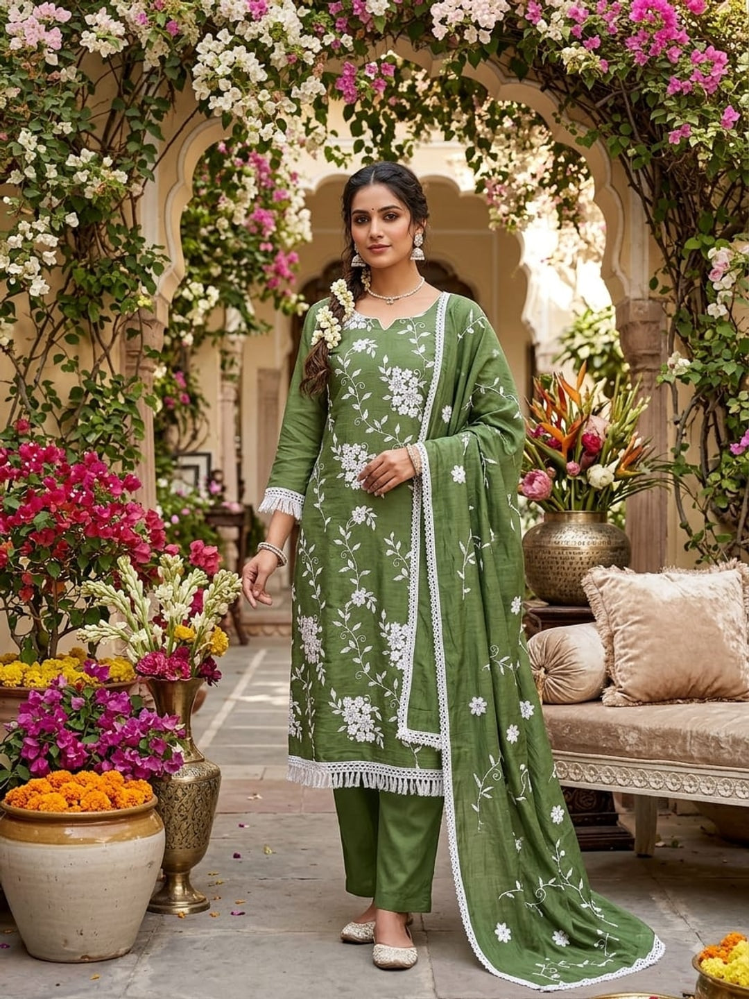 Peachmode Olive Floral Embroidered Silk Blend Dress Material - Image 3