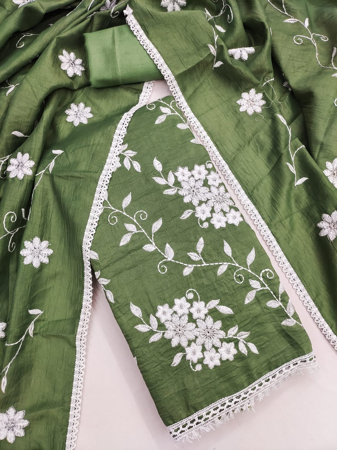 Peachmode Olive Floral Embroidered Silk Blend Dress Material - Image 5