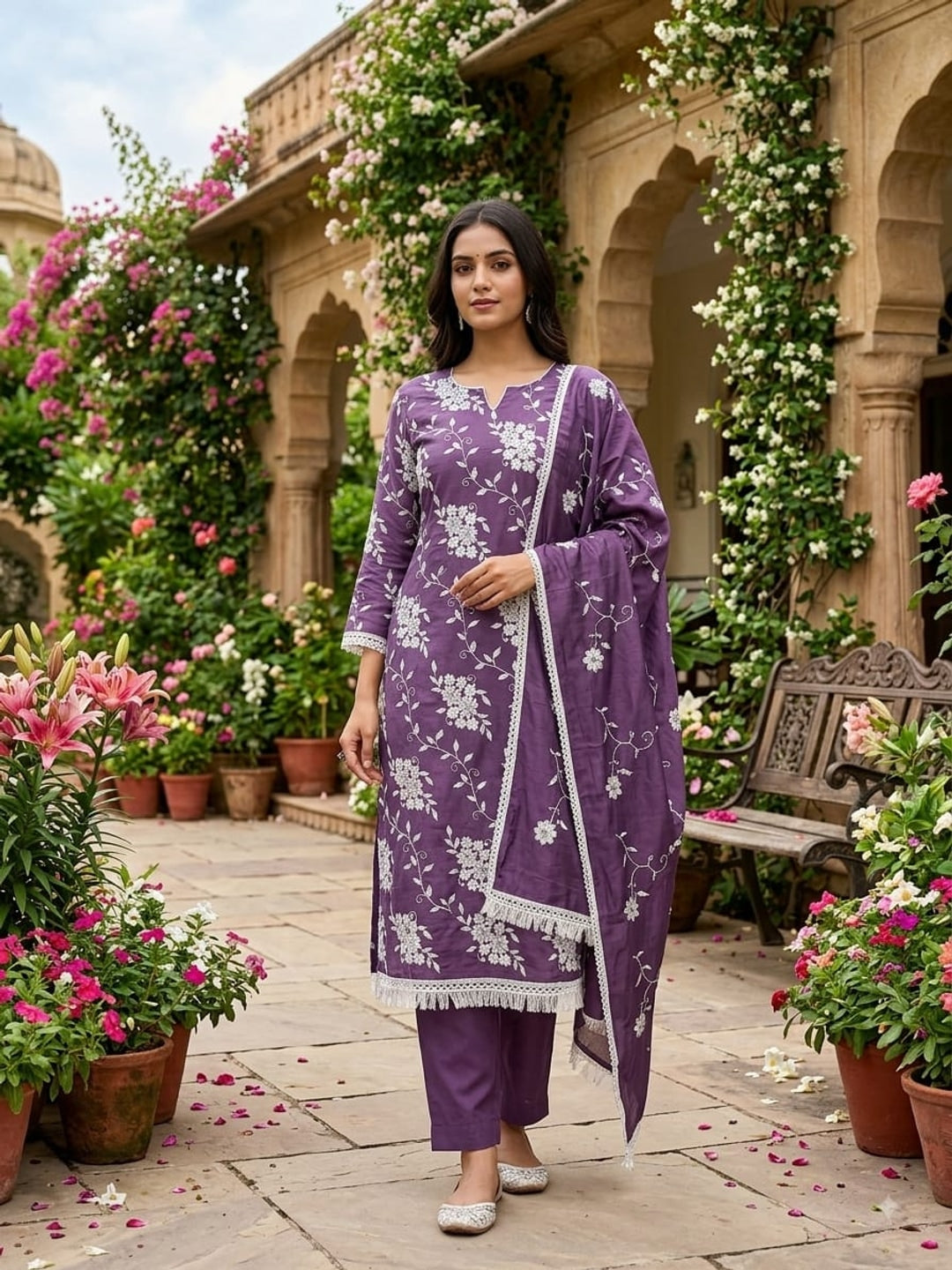 Peachmode Purple Floral Embroidered Silk Blend Dress Material - Image 3