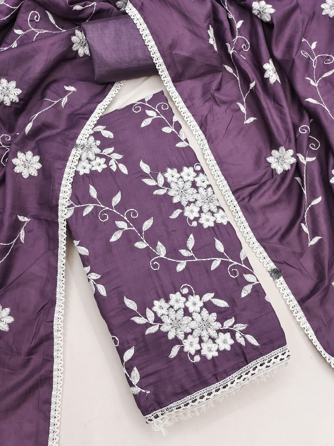 Peachmode Purple Floral Embroidered Silk Blend Dress Material - Image 5