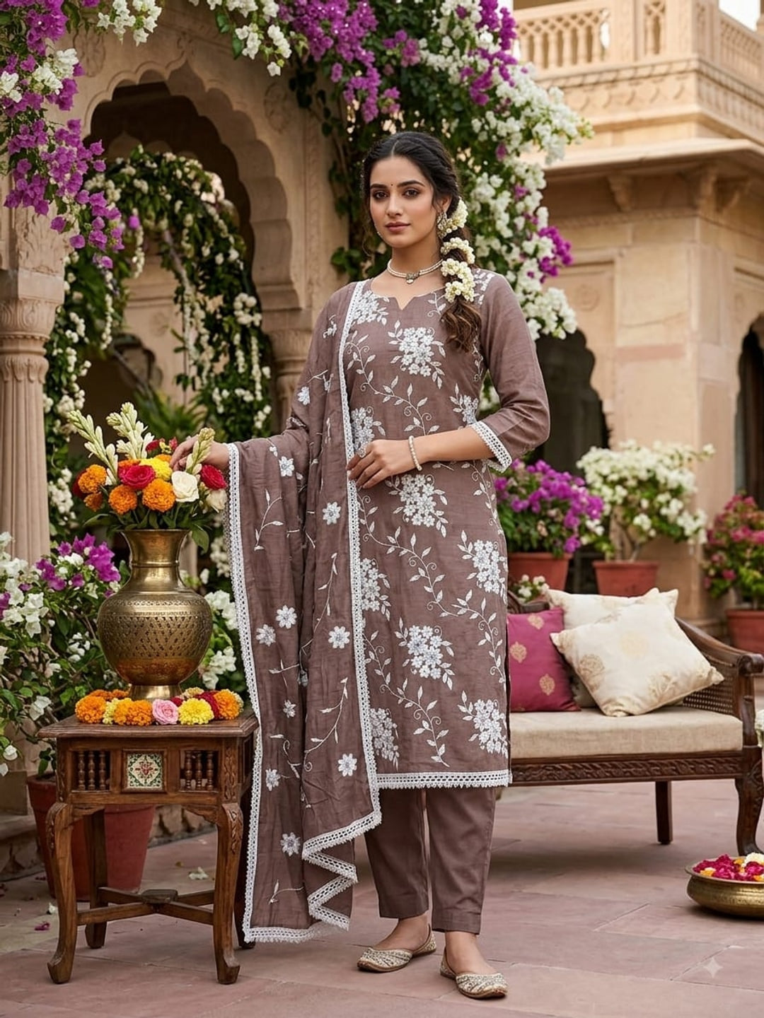 Peachmode Mauve Floral Embroidered Silk Blend Dress Material - Image 3