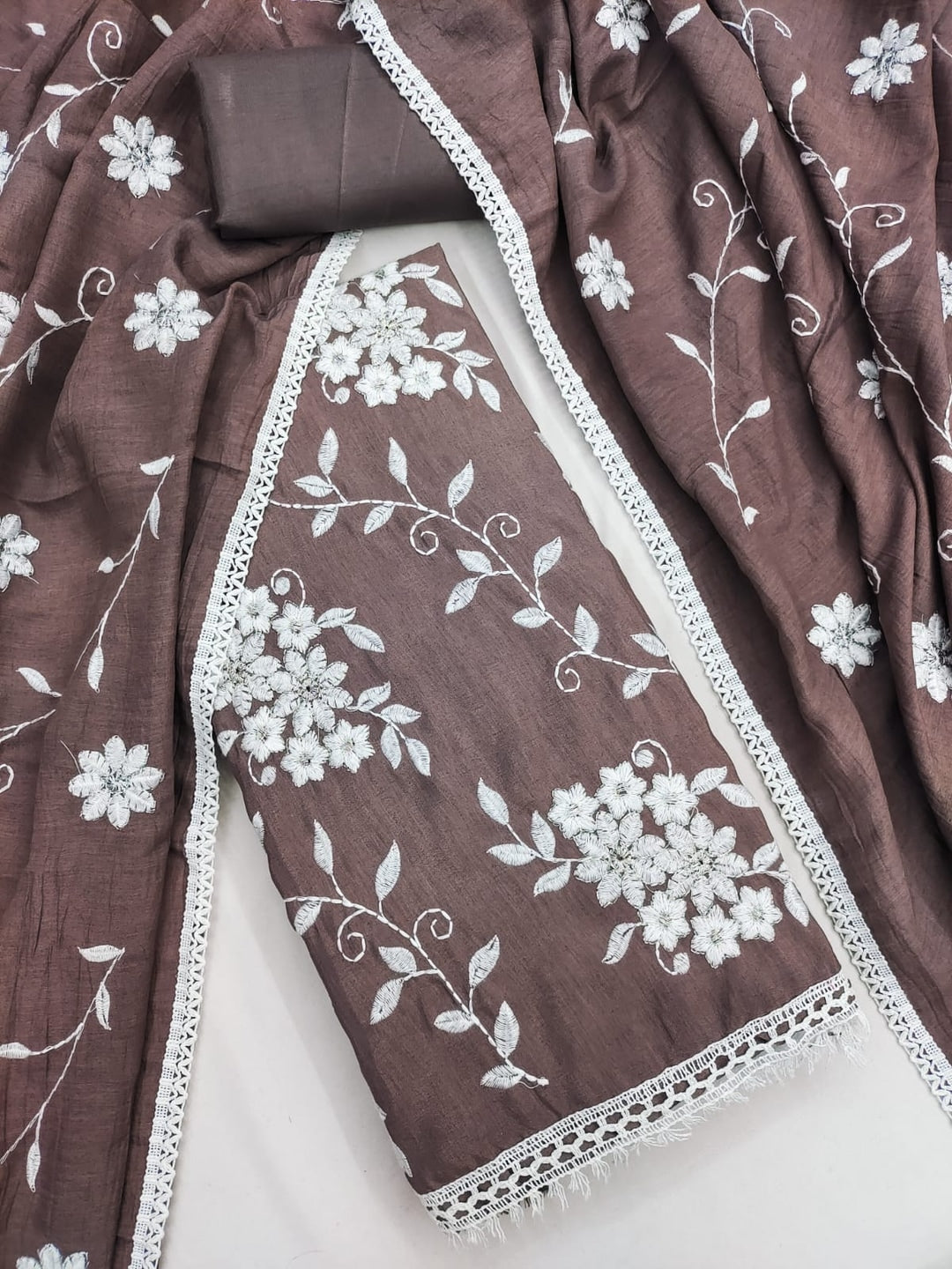 Peachmode Mauve Floral Embroidered Silk Blend Dress Material - Image 5