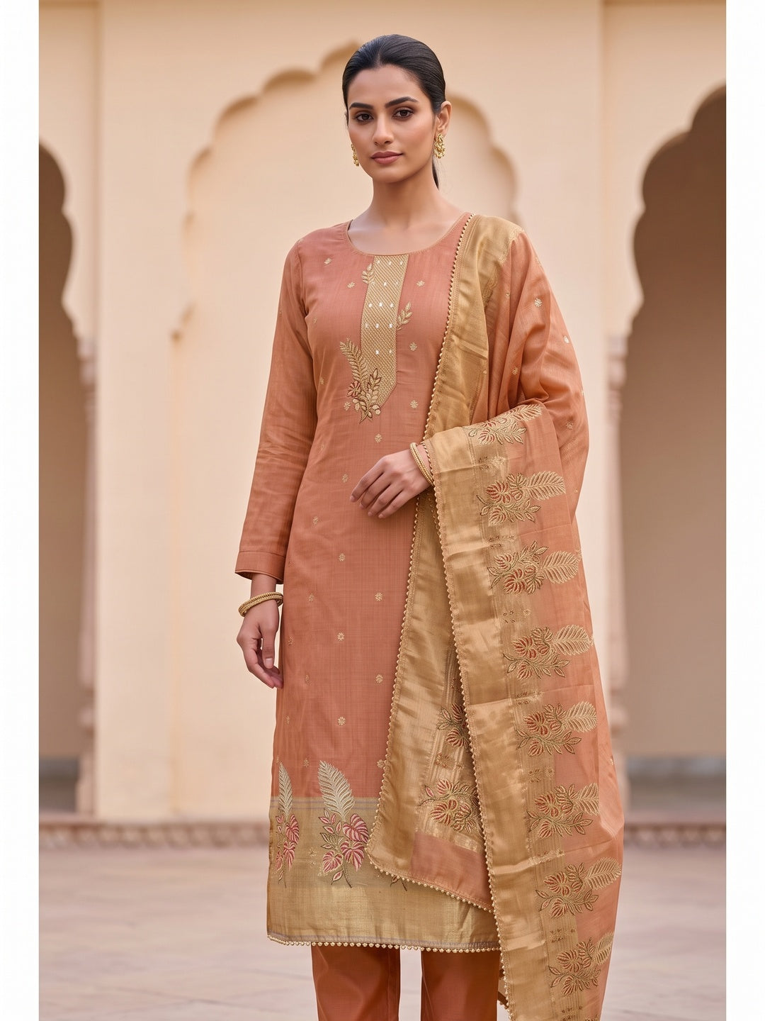 Peachmode Orange Unstitched Dress Material - Image 2