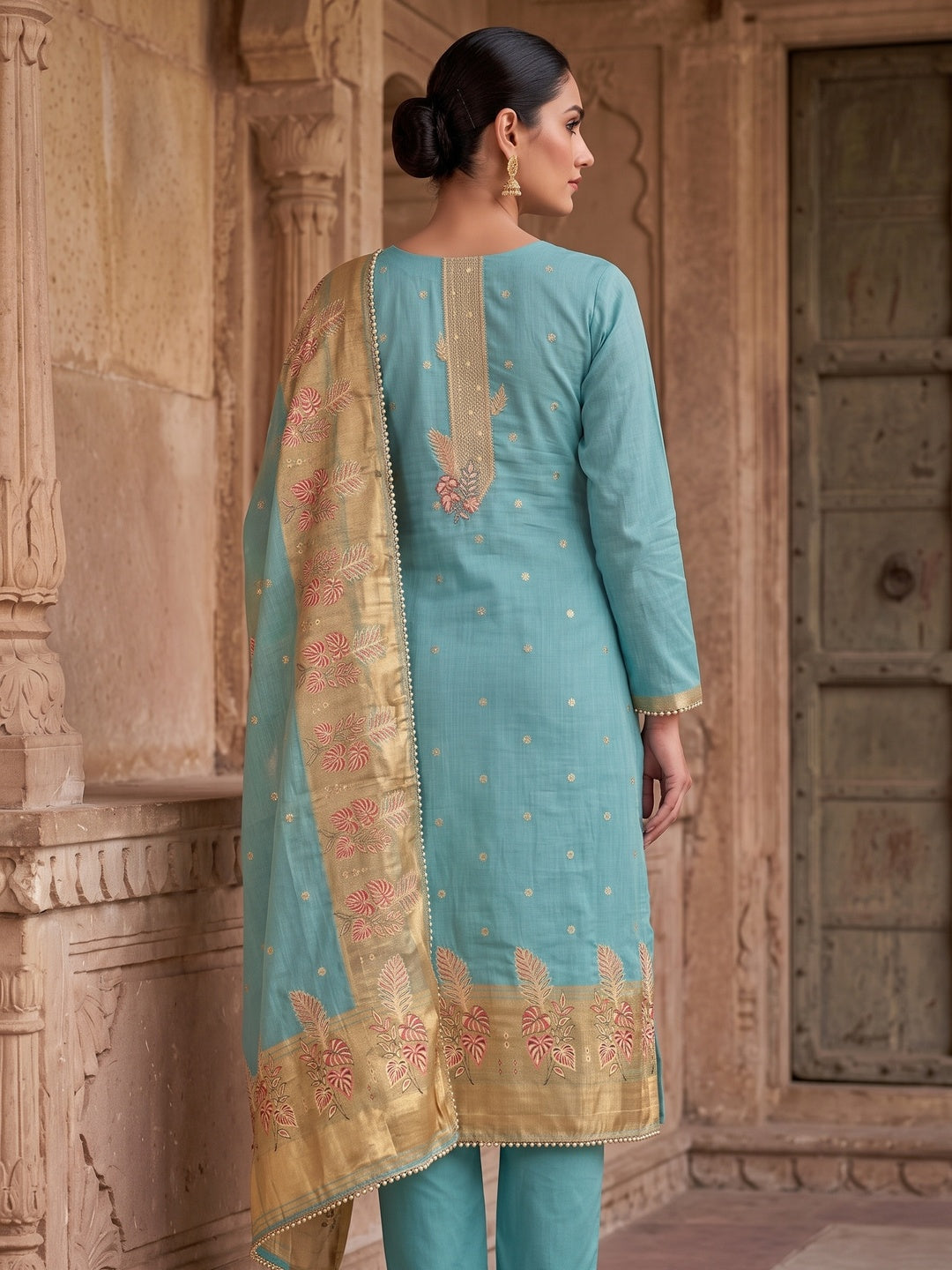 Peachmode Turquoise Unstitched Dress Material - Image 5