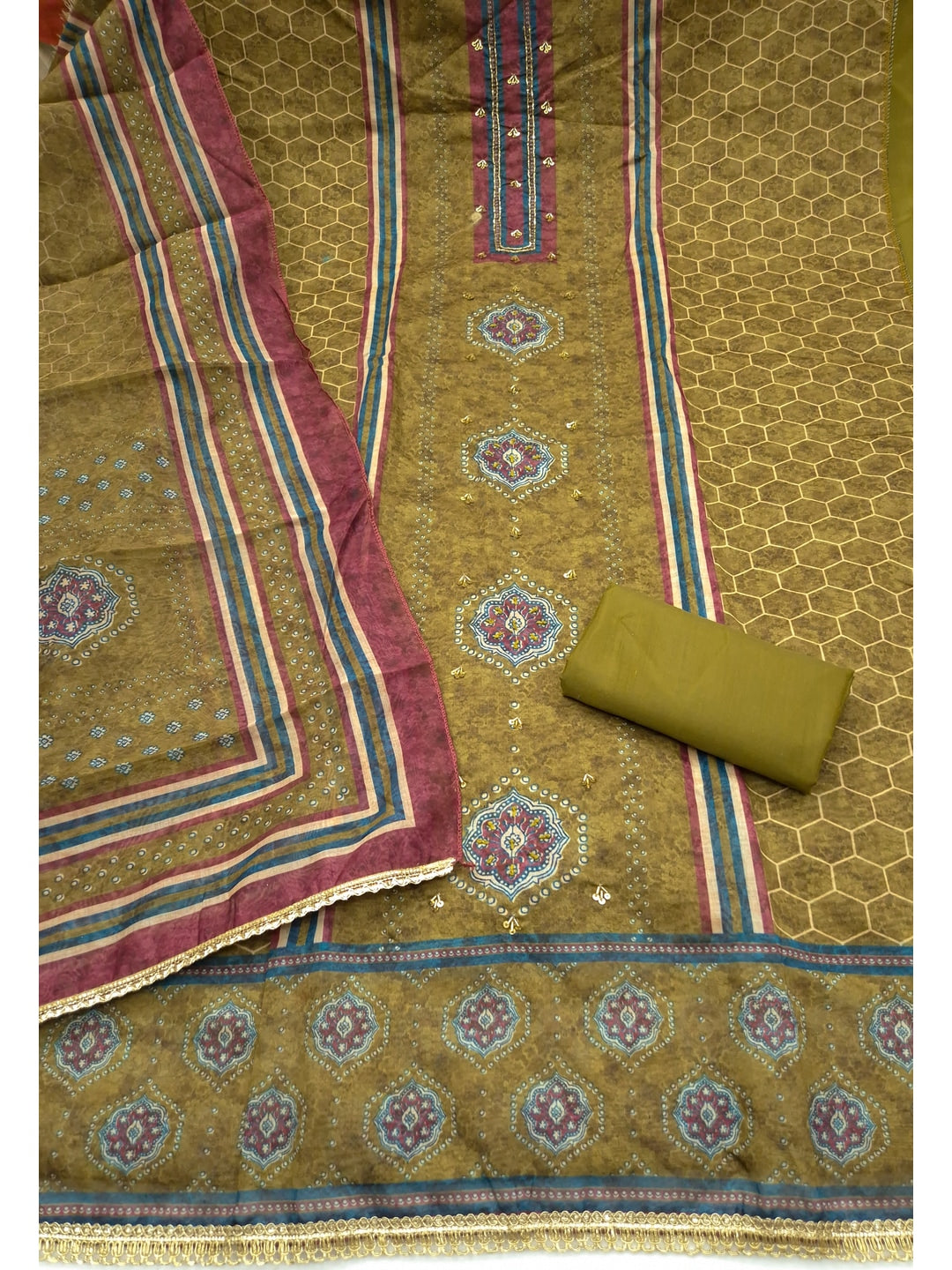 Peachmode Olive Unstitched Dress Material - Image 1