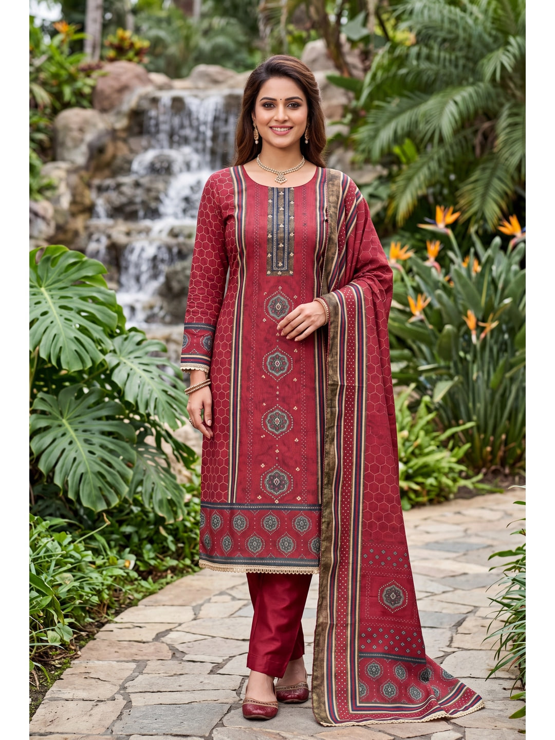 Peachmode Maroon Unstitched Dress Material - Image 3