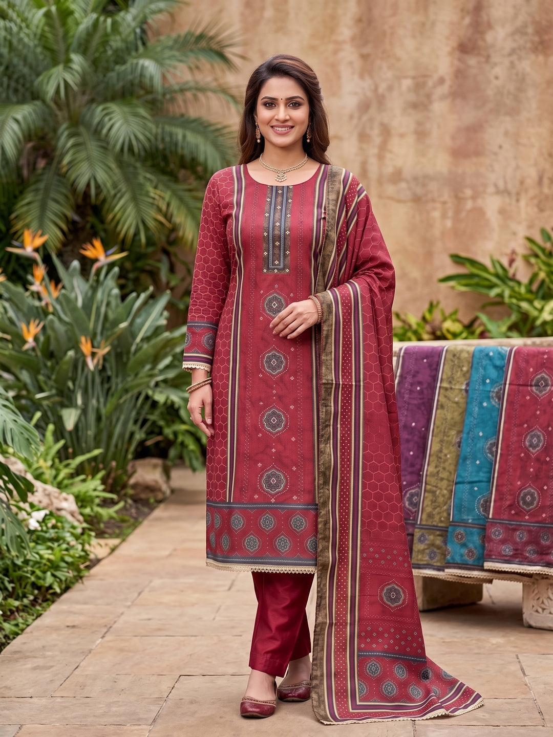 Peachmode Maroon Unstitched Dress Material - Image 2