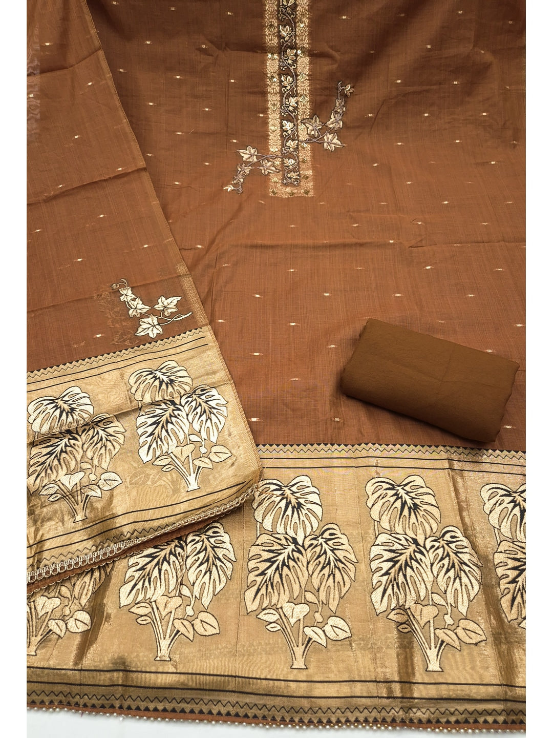 Peachmode Brown Unstitched Dress Material - Image 1