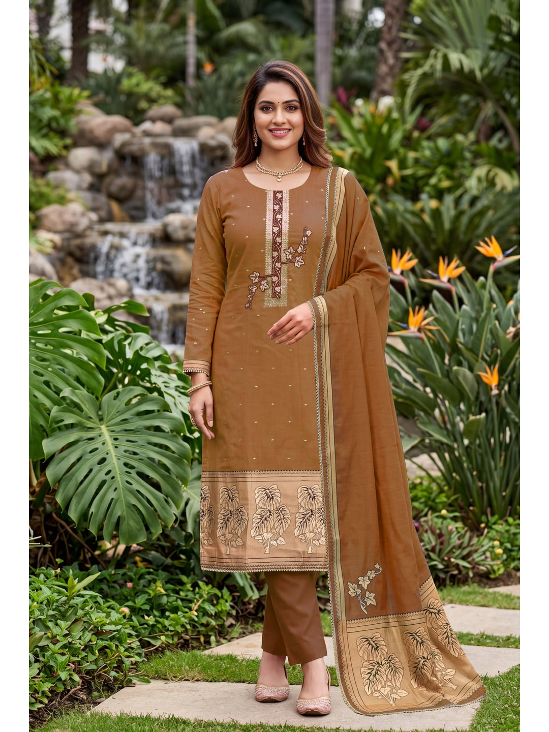 Peachmode Brown Unstitched Dress Material - Image 3