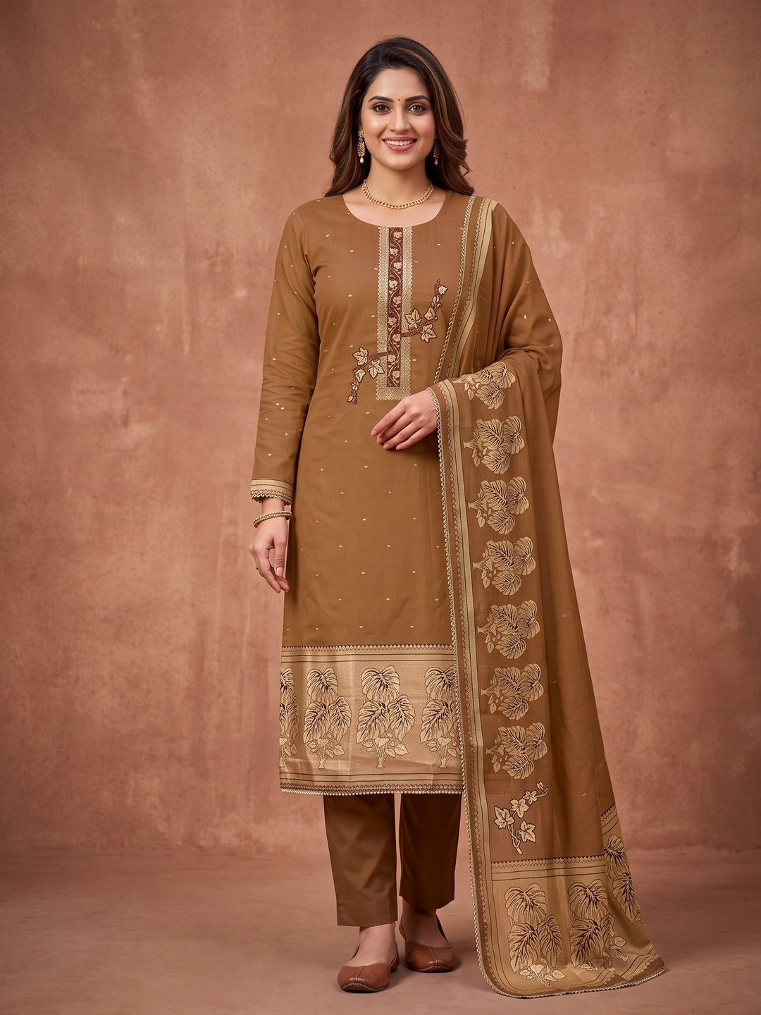 Peachmode Brown Unstitched Dress Material - Image 2
