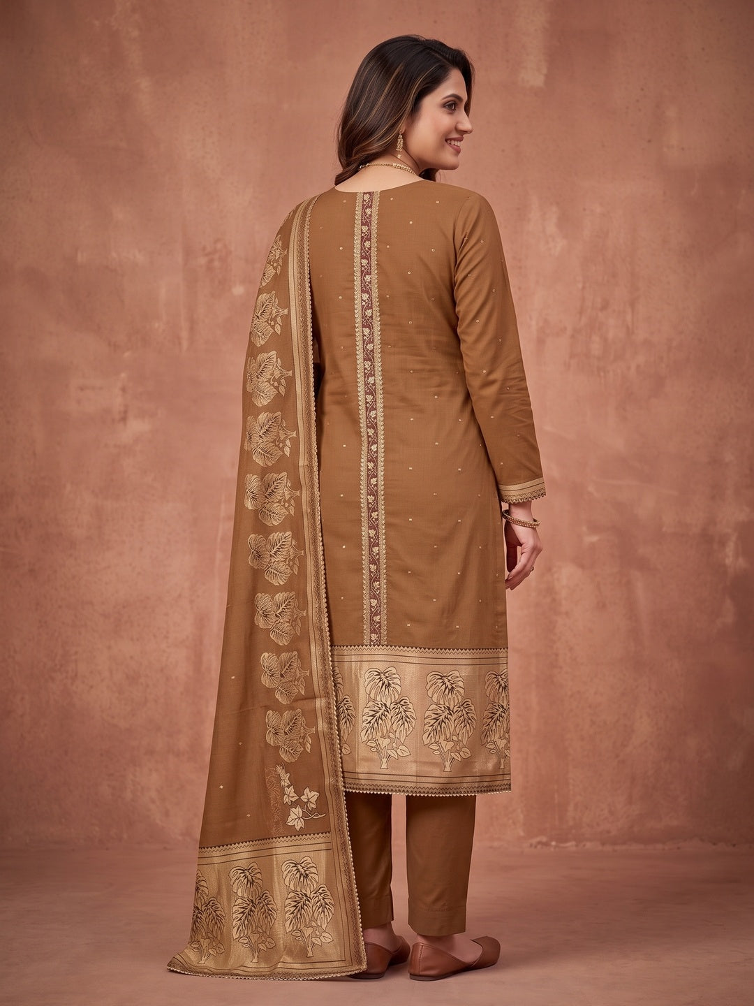 Peachmode Brown Unstitched Dress Material - Image 5