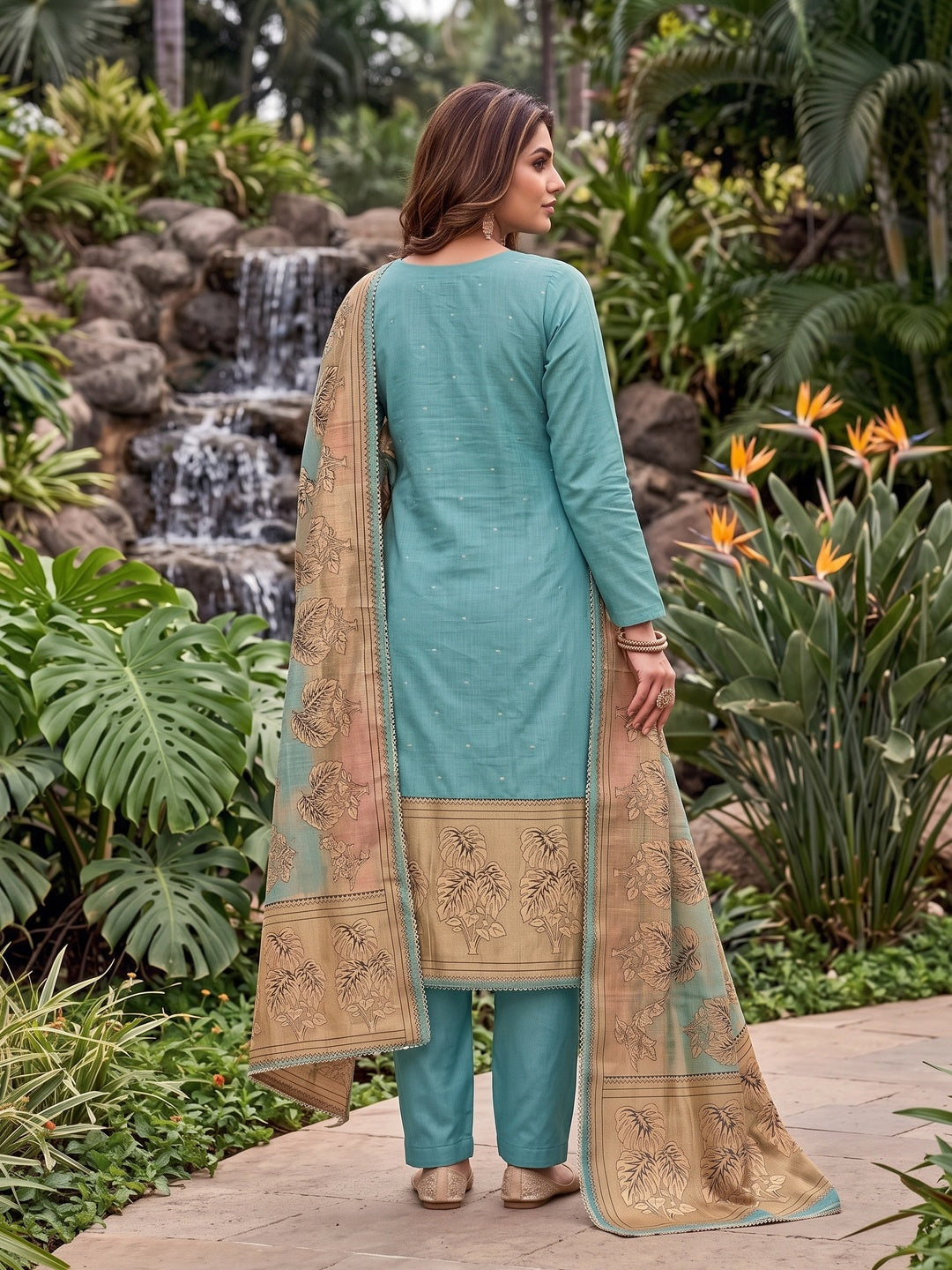 Peachmode Turquoise Unstitched Dress Material - Image 5