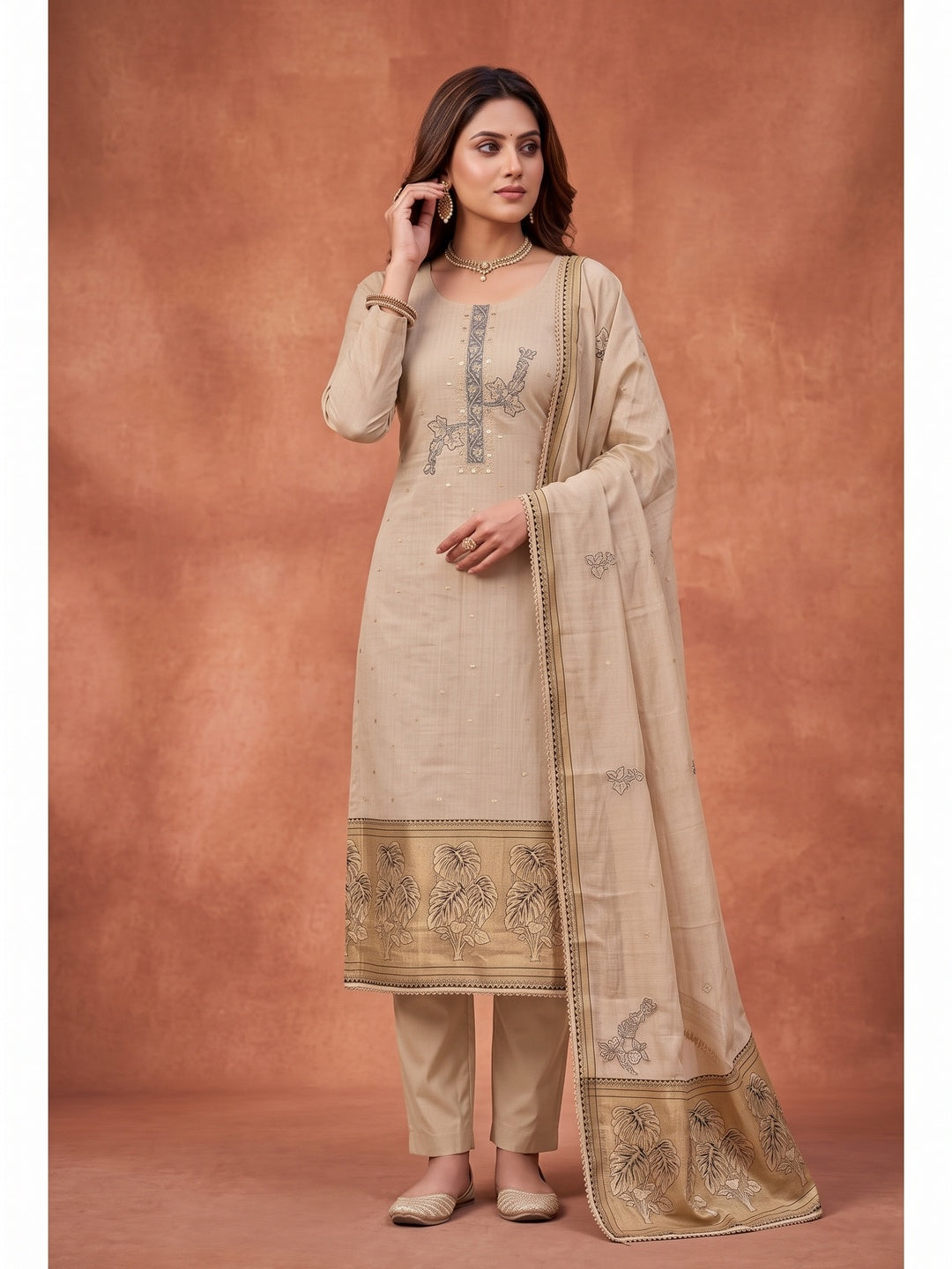 Peachmode Chikoo Unstitched Dress Material - Image 2
