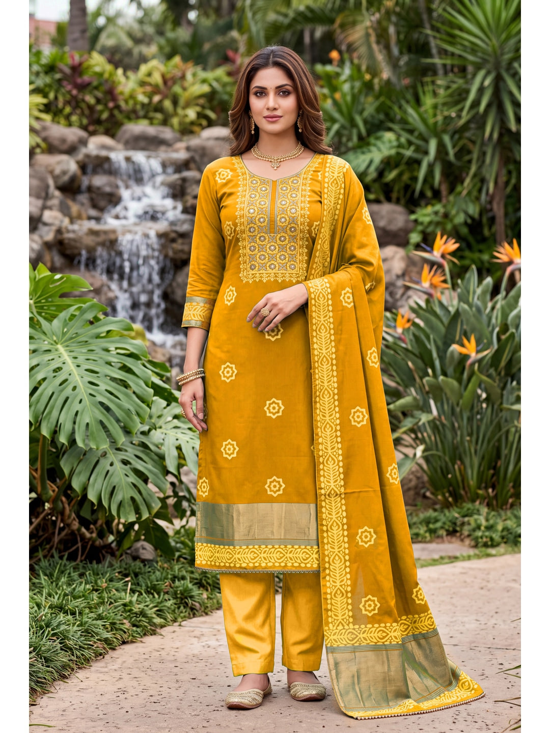 Peachmode Mustard Unstitched Dress Material - Image 3