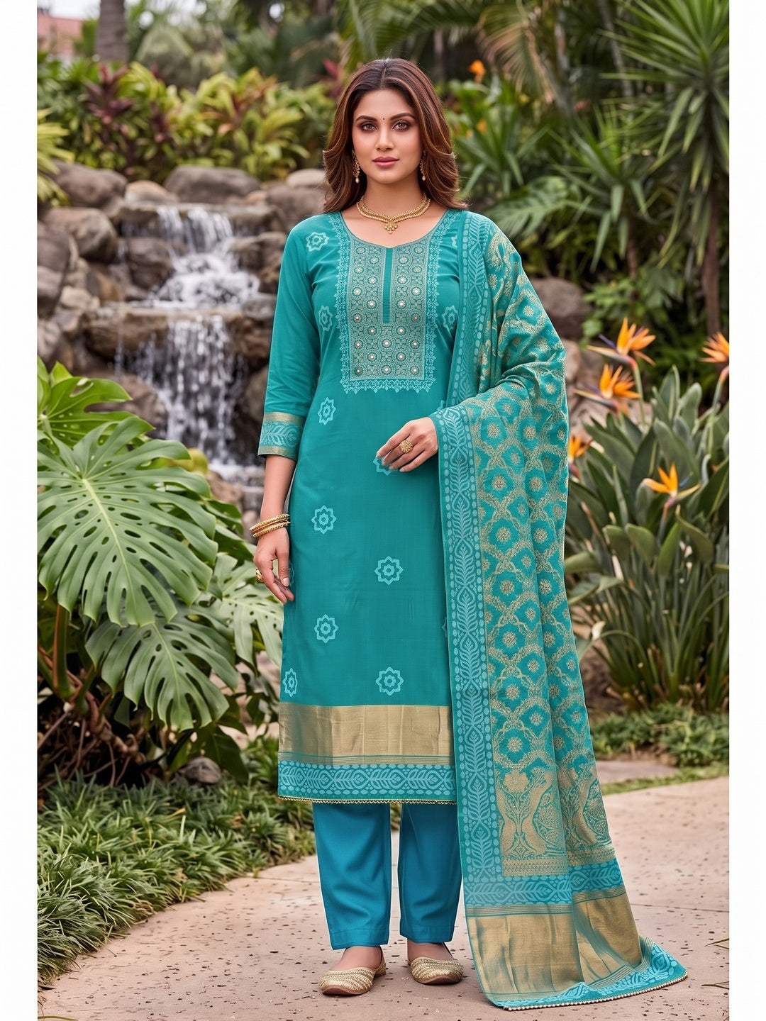 Peachmode Turquoise Unstitched Dress Material - Image 4