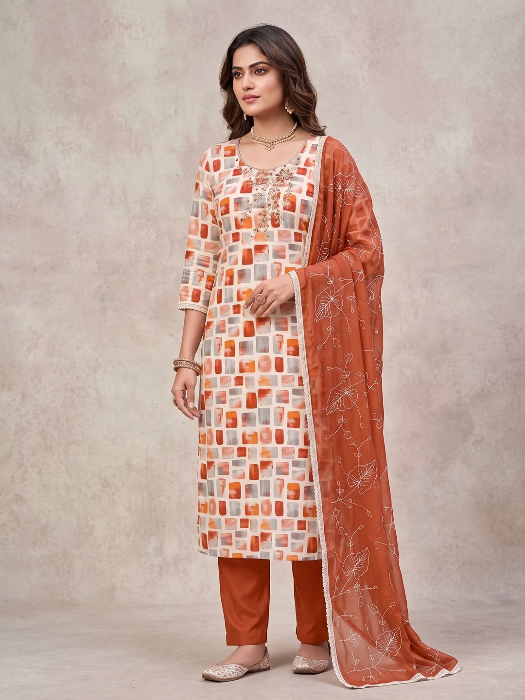 Peachmode Orange Unstitched Dress Material - Image 2